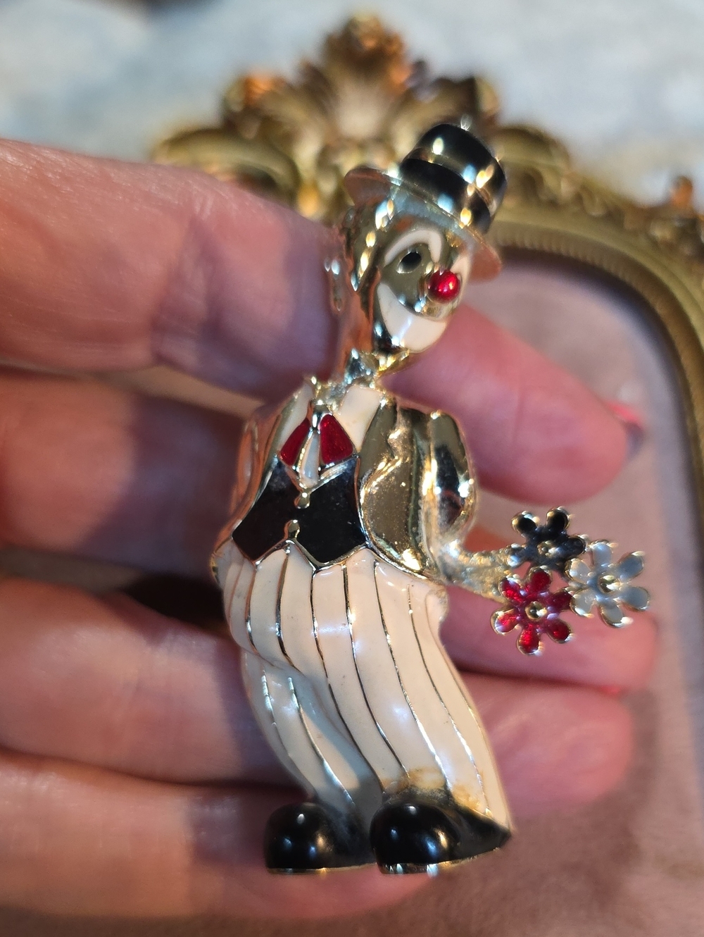 Vintage Whimsical Clown Brooch Gold Cream Black Enamel